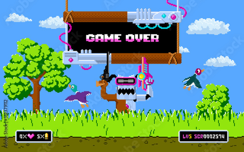 Game over arcade screen in pixel art design. Vector illustration. 