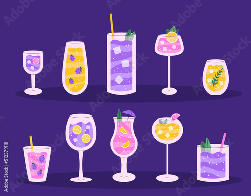 Set of colorful refreshing summer cocktails