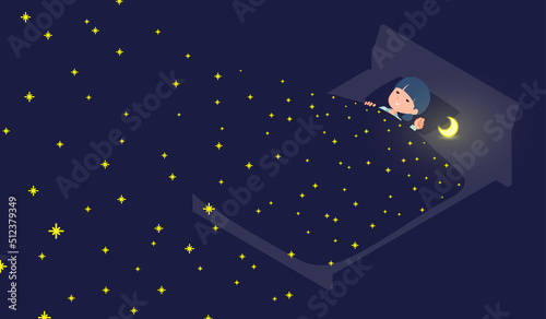 星空の中で寝ているナチュラルスタイル女性のセット
