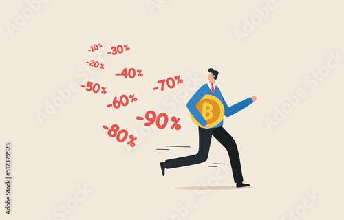 Bitcoin crash. The price of the crypto currency market has fallen heavily. Stock market volatility. Investment risk. economic crisis. Traders investors holding bitcoins run away from the bear market.