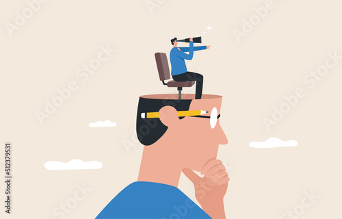 Looking forward to the future is a strategic vision from leadership. looking for business opportunities or career growth. businessman with binoculars on large head.