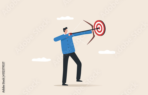 Focusing on the goal. Moving closer and more precisely to the target. Business goals, life, job duties, advertising and career development.  Businessman holding  bow aiming at a target at close range.