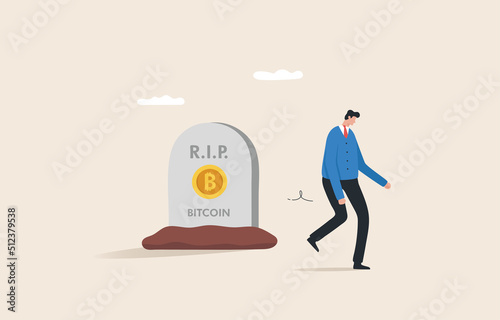 Crypto or bitcoin is dead concept. Cryptocurrency Crisis. The collapse of the stock market or bitcoin.  Businessman mourning the demise and death of bitcoin.