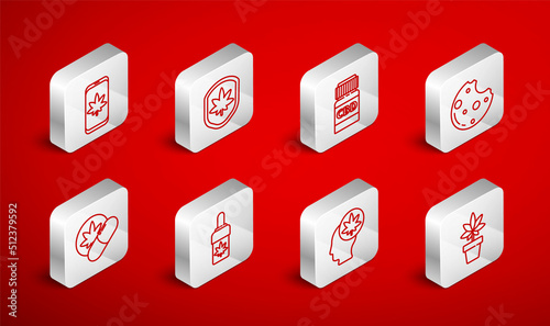 Set line Marijuana or cannabis plant, Shield and marijuana leaf, Medical bottle with, Cookies, Head, Mobile, olive oil and Herbal ecstasy tablets icon. Vector