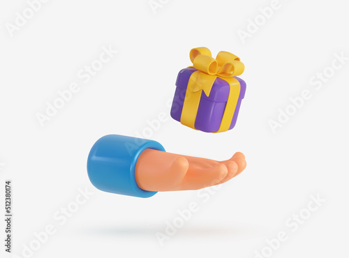 3d vector cartoon human arm giving purple gift box vector illustration. Hand holding giftbox design element on white background
