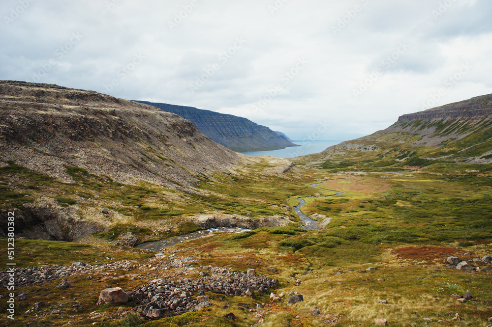 Scenic view of cliffs of Iceland against mountains and the North Atlantic Ocean beautiful landscape nature selective focus Scenic view of cliffs of Iceland against mountains and the North Atlantic Ocean beautiful landscape nature selective focus