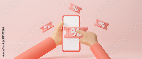 Hand holding smart phone with discount code concept on screen. Isolated on pink background, gift voucher and bonus for purchase. online shopping with sale coupon, mobile app promotion, 3d rendering