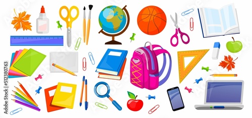 Big set of school supplies. Books, sticky notes, pens, pencils, coloring brushes, scissors, a backpack, a smartphone, a globe, a laptop, stuff children need in school. Isolated on white background.