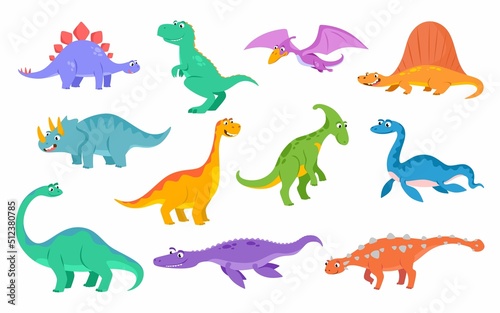 Fototapeta Naklejka Na Ścianę i Meble -  Set of funny dinosaurs in cartoon style for children. Different happy baby dinos. Tyrannosaur, triceratops, stegosaurus, brachiosaurus, etc. Vector illustration isolated on white background.