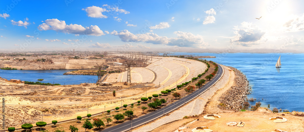Aswan High Dam view, beautiful sunny panorama, Egypt