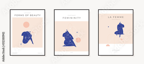 Mid century modern poster collection. Abstract female body, woman silhouette nude feminine trendy graphic.Contemporary aesthetic, Femininity concept, print set for wall art decor. Vector illustration