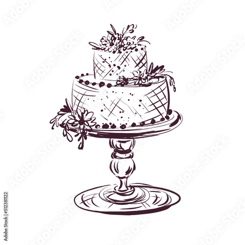 Wedding cake 2 tiered on a stand, vintage sketch on a white background. Hand-drawn wedding cake in Provence style. Holiday dessert