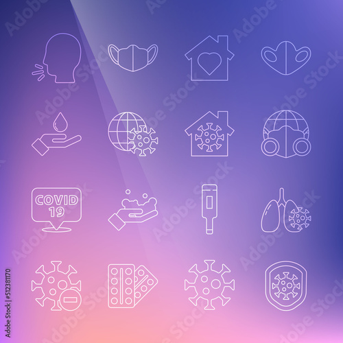 Set line Shield protecting from virus, Virus cells lung, Earth with medical mask, House heart inside, globe, Washing hands soap, Man coughing and Stay home icon. Vector