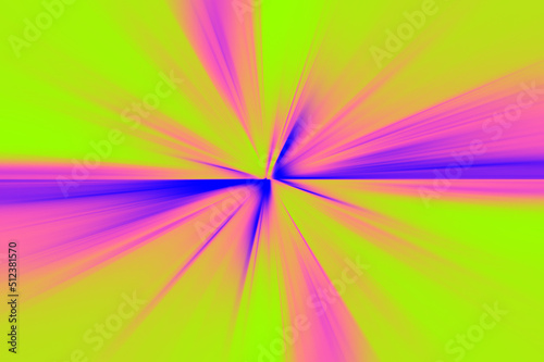 Abstract surface of radial blur zoom in acid green  blue and pink colors. Bright acid background with radial  diverging  converging lines. 