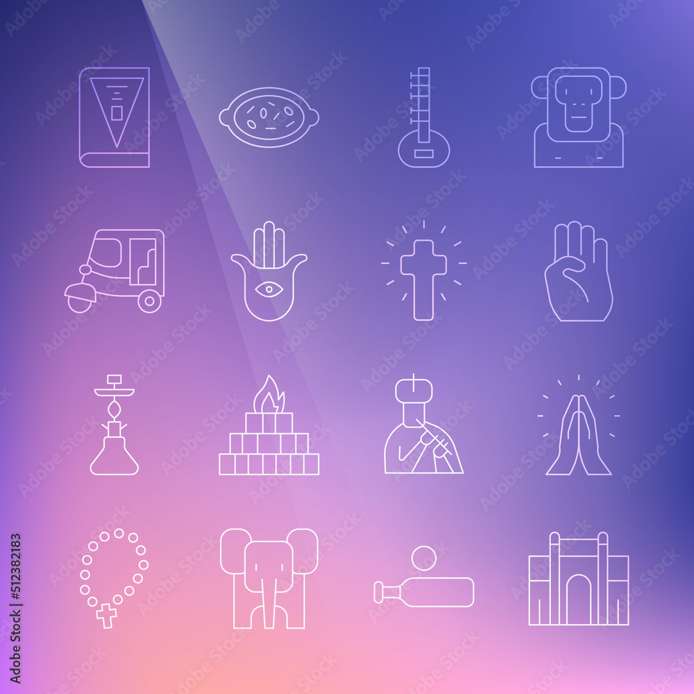 Set line India Gate in Delhi, Hands praying position, Indian symbol hand, Sitar, Hamsa, Taxi tuk tuk, constitution day and Christian cross icon. Vector Set line India Gate in Delhi, Hands praying position, Indian symbol hand, Sitar, Hamsa, Taxi tuk tuk, constitution day and Christian cross icon. Vector