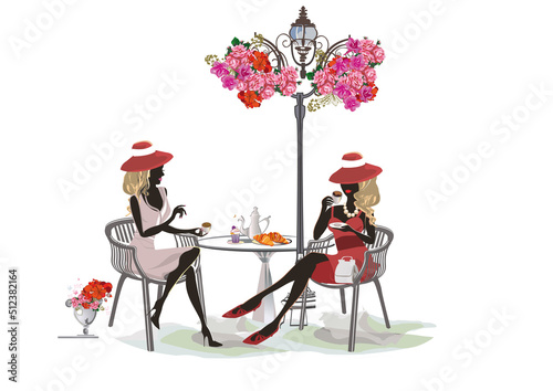 Fashion people in the restaurant. Street cafe in the old city. Girls drinking coffee at the table near the retro window. Hand drawn Vector Illustration. 