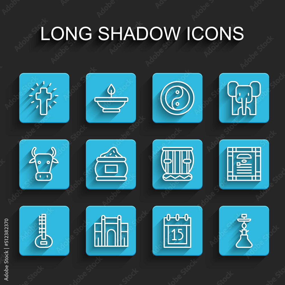 Set line Sitar, India Gate in Delhi, Christian cross, Independence day, Hookah, Indian spice, constitution and Instrument tabla icon. Vector Set line Sitar, India Gate in Delhi, Christian cross, Independence day, Hookah, Indian spice, constitution and Instrument tabla icon. Vector