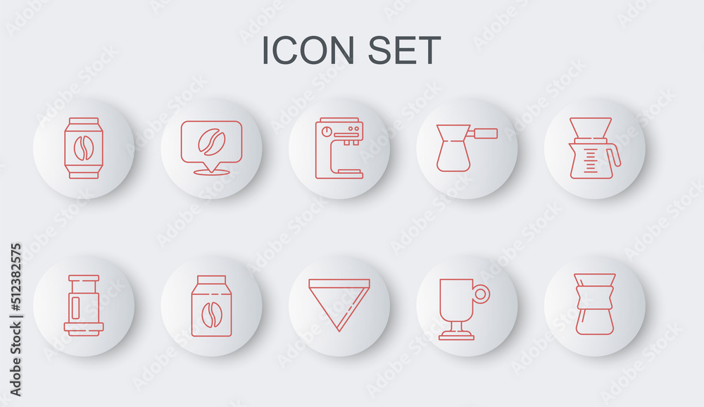 Set line Pour over coffee maker, Aeropress, Coffee machine, Irish, Bag beans, Location with, and paper filter icon. Vector Set line Pour over coffee maker, Aeropress, Coffee machine, Irish, Bag beans, Location with, and paper filter icon. Vector