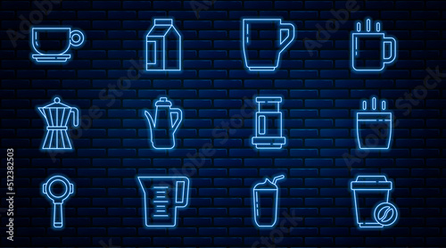 Set line Coffee cup to go, Teapot, moca, Aeropress coffee and Bag beans icon. Vector