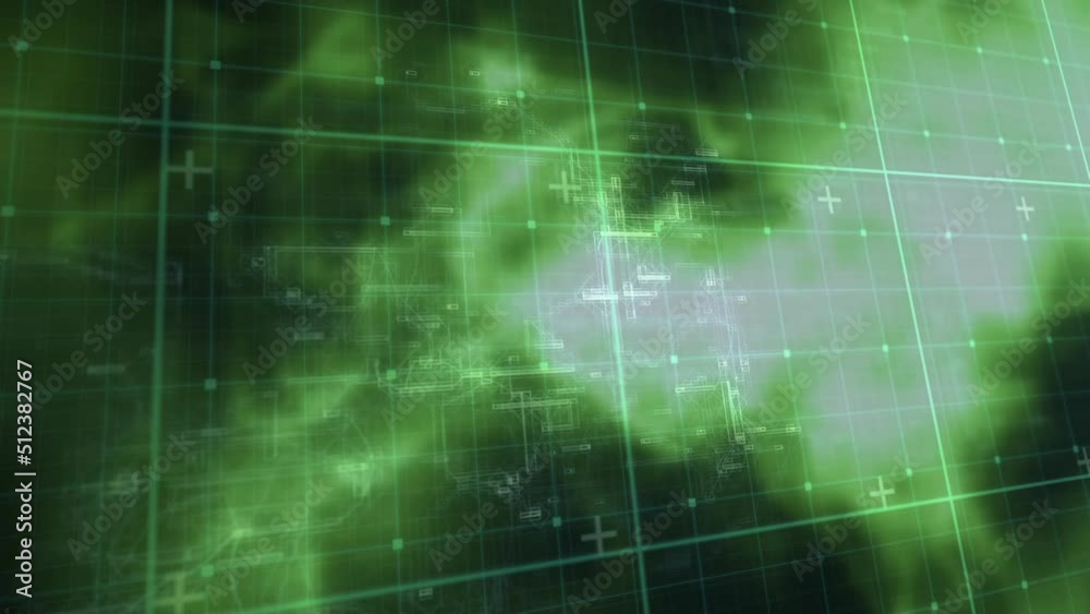 Animation of glowing data processing with markers over grid