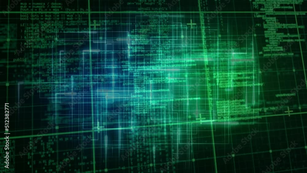 Animation of glowing data processing with markers over grid Animation of glowing data processing with markers over grid