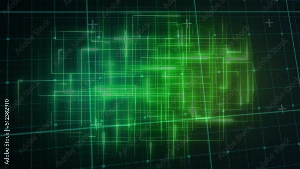 Animation of glowing data processing with markers over grid Animation of glowing data processing with markers over grid
