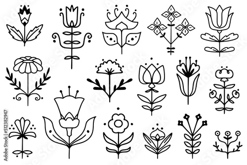 Folk style linear simmetrical flowers. Simple hand drawn outline doodle illustration. Stylized decorative floral elements for tatoo, stationery, cards, . Traditional decor. Vector botany set