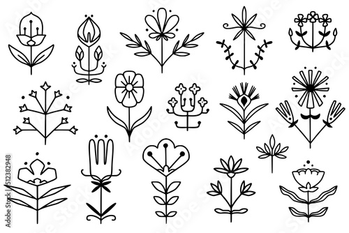 Folk style linear simmetrical flowers. Simple hand drawn outline doodle illustration. Stylized decorative floral elements for tatoo, stationery, cards, . Traditional decor. Vector botany set