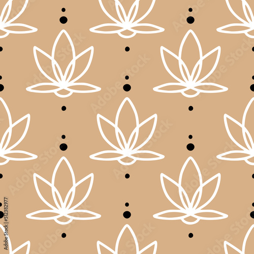 Wallpaper Mural Geometric simple mid century seamless pattern with lotus flowers on beige. Vintage, retro style texture for modern textile, fabric, home decor, wallpaper. Abstract bohemian 60s background. Torontodigital.ca