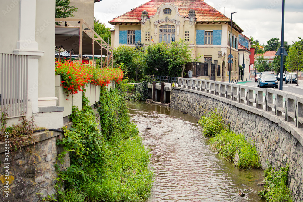 Small water canal crossing near homes with balconies or terraces decorated with red and green flowers in an old town