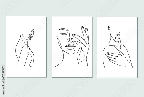 A set of minimalistic line art woman. Modern style, nude colors and trendy line art style. Vector portraits of women with utterfly. Beauty brand decoration, massage, meditation, body care.
