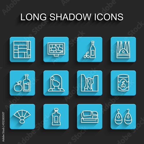 Set line Fan flamenco, Orujo, House Edificio Mirador, Stadium Mestalla, Earrings, Spanish woman, Olives can and Algar waterfall icon. Vector photo