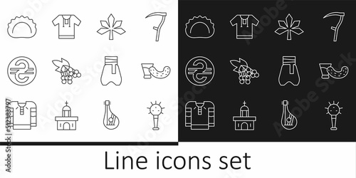 Set line Mace, Glass with vodka, Chestnut leaf, Branch viburnum, Ukrainian hryvnia, Dumplings, Cossack pants and Embroidered shirt icon. Vector