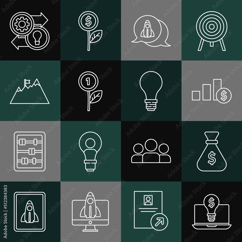 Set line Light bulb with dollar on laptop, Money bag, Pie chart and, Startup project concept, Dollar plant, Mountains flag, Human resources and of idea icon. Vector Set line Light bulb with dollar on laptop, Money bag, Pie chart and, Startup project concept, Dollar plant, Mountains flag, Human resources and of idea icon. Vector