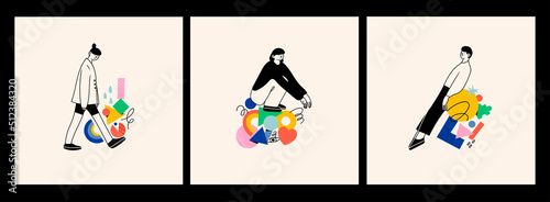 People in different poses and various geometric shapes. Outline characters, colorful abstract figures. Different mood, positions. Hand drawn Vector illustrations. Person sitting, lying, walking