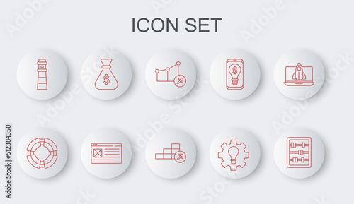 Set line Abacus, Business lifebuoy, Financial growth, Light bulb and gear, Lighthouse, Money bag, Browser window and icon. Vector