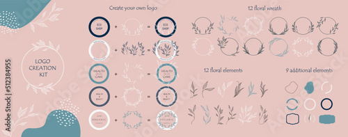 Logo creation kit. Set of the hand-drawn botanical wreaths. Organic themed frames. Create your own logo.