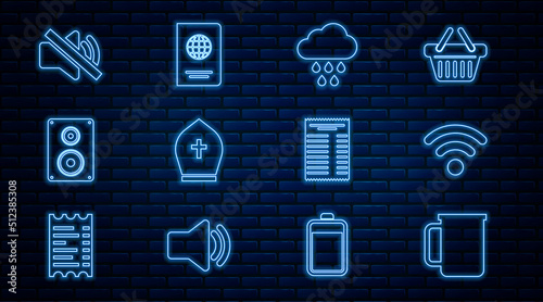 Set line Coffee cup, Wi-Fi wireless network, Cloud with rain, Pope hat, Stereo speaker, Speaker mute, Paper financial check and Passport icon. Vector
