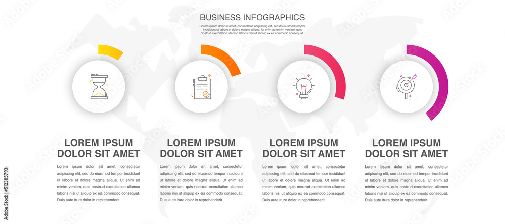 Fototapeta premium Vector infographic design template. Modern concept with four steps. Creative timeline with graph elements, percentage circles and icons. Performance analysis in percent