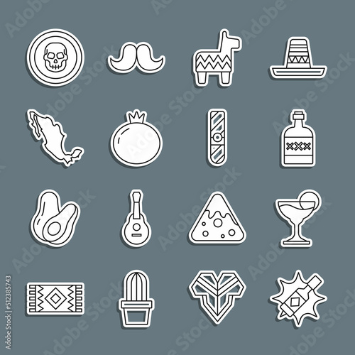 Set line Tabasco sauce, Margarita cocktail, Tequila bottle, Pinata, Tomato, Map of mexican, Mexican skull coin and Cigar icon. Vector