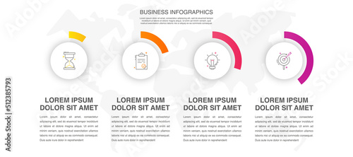 Vector infographic design template. Modern concept with four steps. Creative timeline with graph elements, percentage circles and icons. Performance analysis in percent