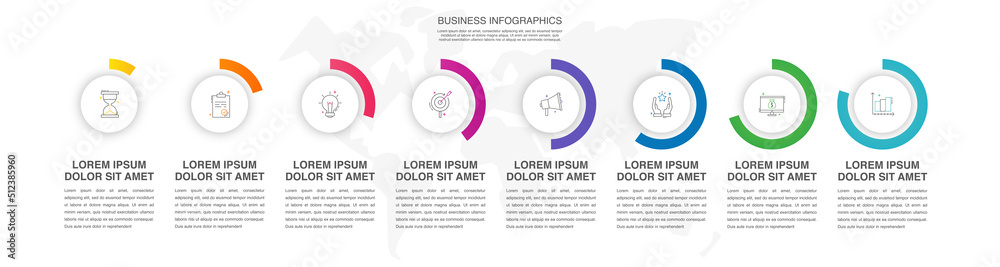 Vector infographic design template. Modern concept with 8 steps. Creative timeline with graph elements, percentage circles and icons. Performance analysis in percent - obrazy, fototapety, plakaty 