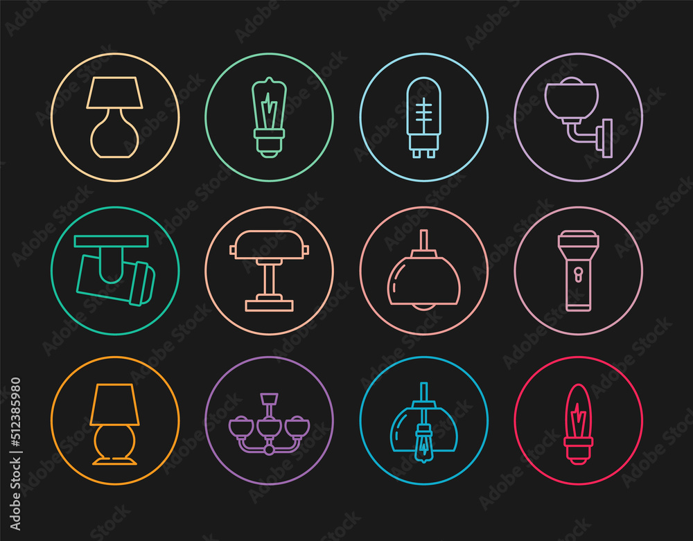 Set line Light bulb, Flashlight, emitting diode, Table lamp, Led track lights and lamps, Chandelier and icon. Vector Set line Light bulb, Flashlight, emitting diode, Table lamp, Led track lights and lamps, Chandelier and icon. Vector