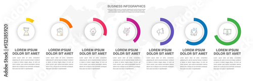 Vector infographic design template. Modern concept with seven steps. Creative timeline with graph elements, percentage circles and icons. Performance analysis in percent