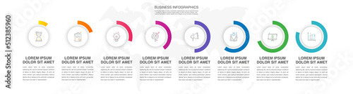 Vector infographic design template. Modern concept with 8 steps. Creative timeline with graph elements, percentage circles and icons. Performance analysis in percent