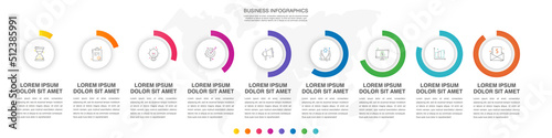 Vector infographic design template. Modern concept with 9 steps. Creative timeline with graph elements, percentage circles and icons. Performance analysis in percent