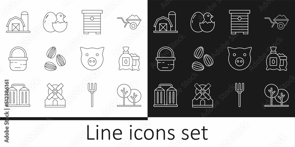 Set line Tree, Pack full of seeds of plant, Hive for bees, Seeds, Basket, Farm house, Pig and Little chick in cracked egg icon. Vector