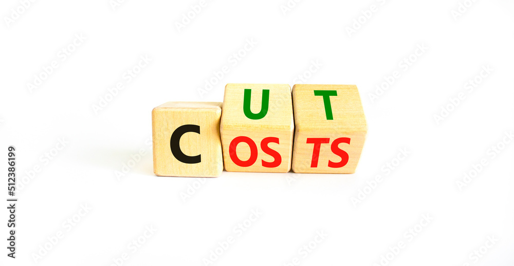 Cut costs symbol. Concept words Cut costs on wooden cubes. Beautiful white table white background. Cut costs and business concept. Copy space. Cut costs symbol. Concept words Cut costs on wooden cubes. Beautiful white table white background. Cut costs and business concept. Copy space.