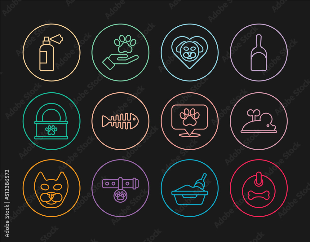 Set line Dog collar, Clockwork mouse, Heart with dog, Fish skeleton, Canned food, Pet shampoo, Location veterinary hospital and Hands animals footprint icon. Vector Set line Dog collar, Clockwork mouse, Heart with dog, Fish skeleton, Canned food, Pet shampoo, Location veterinary hospital and Hands animals footprint icon. Vector