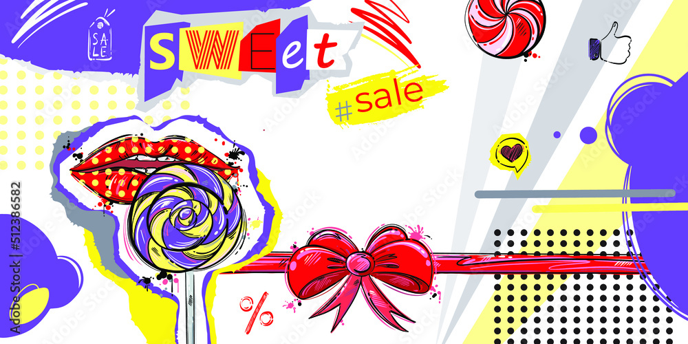Vector abstract illustration with lips and lollipop in collage style. Bright background in psychedelic style. Sweet sale. Vector abstract illustration with lips and lollipop in collage style. Bright background in psychedelic style. Sweet sale.